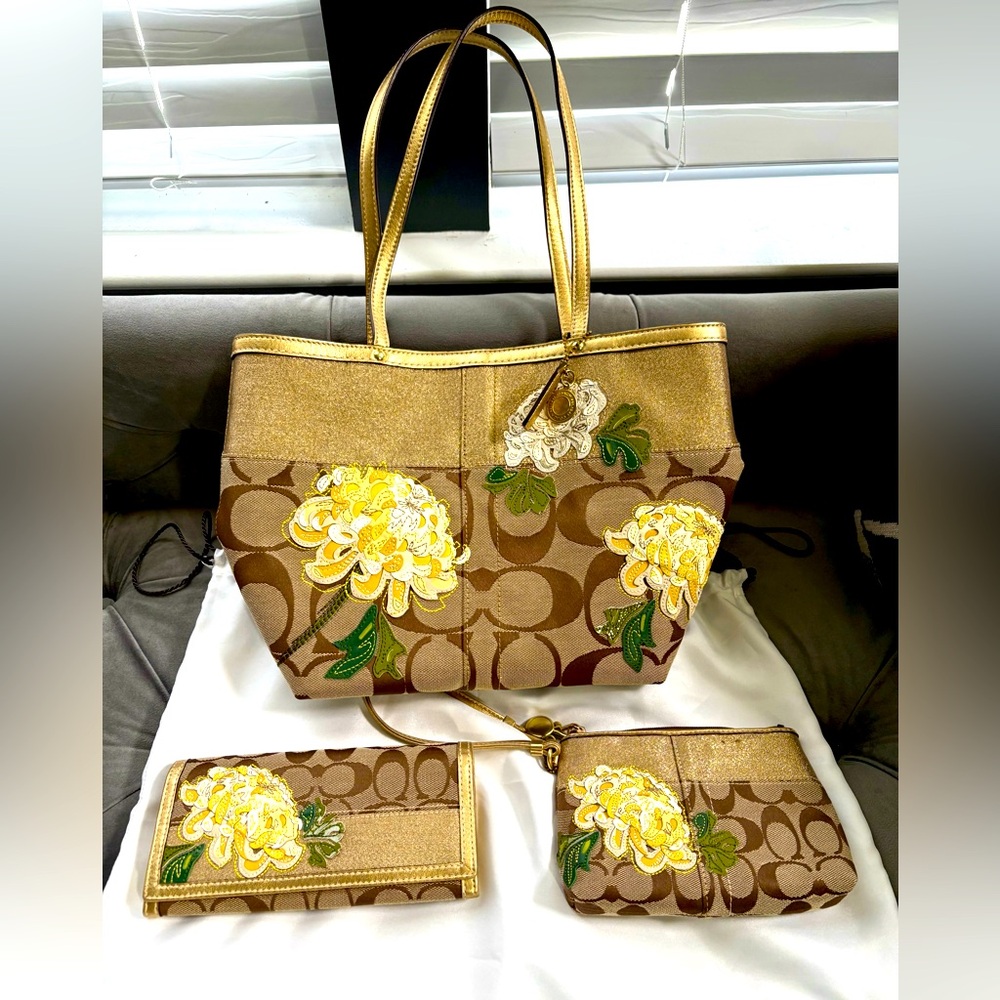 Coach Gold and Brown Signature Tote Bag